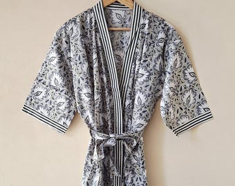 Hand Block Print Cotton Kimono Robe, Plus Size Indian Gown, Maternity Gown Dress