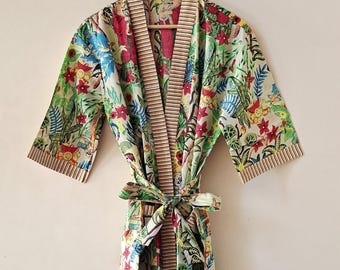 Frida Kahlo Print Cotton Kimono Robe -Beach Cover-Up, Long Dressing Gown, Maternity Kimono