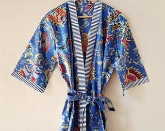 Floral Cotton Kimono Robe, Boho Lounge Wear, Beach Cover-Up, Free Size Gown