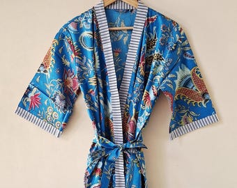 Frida Kahlo Print Cotton Kimono Robe - Red Color Beach Cover-Up, Long Dressing Gown Kimono