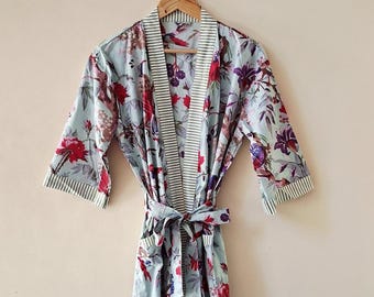 Bird Print Cotton Kimono Robe -Beach Cover-Up, Long Dressing Gown, Maternity Kimono
