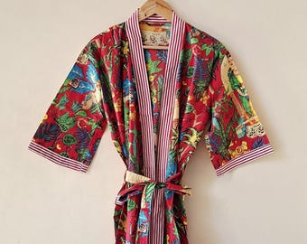 Frida Kahlo Print Cotton Kimono Robe - Red Color Beach Cover-Up, Long Dressing Gown Kimono