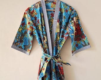 Frida Kahlo Print Cotton Kimono Robe -Beach Cover-Up, Long Dressing Gown, Maternity Kimono