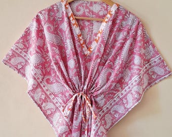Floral Hand Block Print Cotton Short Kaftan, Indian Maxi Dress, Beach Cover Up