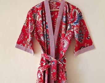 100% Cotton Floral Print Kimono Robe – Boho Beach Cover-Up, Long Gown