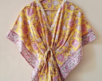Handmade Cotton Kaftan Robe, Floral Block Print Resort Wear, Beach Cover-up