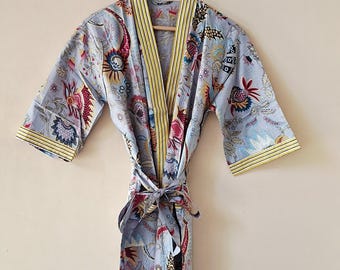 Block Print Cotton Kimono Robe, Floral Boho Festival Kimono (Up To 2XL)