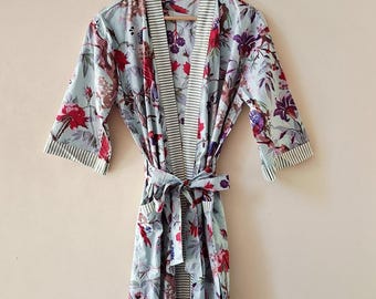 Bird Print Cotton Kimono Robe - Grey Color Beach Cover-Up, Long Dressing Gown Kimono