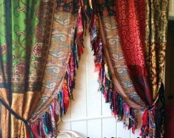 2 Pcs Indian Vintage Old Silk Sari Fabric Made Multi color Handmade Curtain Door  Window Decor Patchwork Curtain Home Door Window Curtain