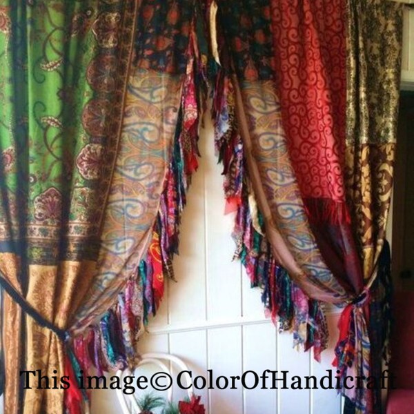 2 pièces indien vintage vieille soie sari tissu multicolore fait main rideau porte fenêtre décor patchwork rideau maison porte fenêtre rideau