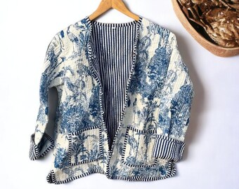 Blue And White Quilted Jacket Women Wear Stripe piping Handmade Vintage Quilted Jacket , Coats , New Style, Boho double side wear