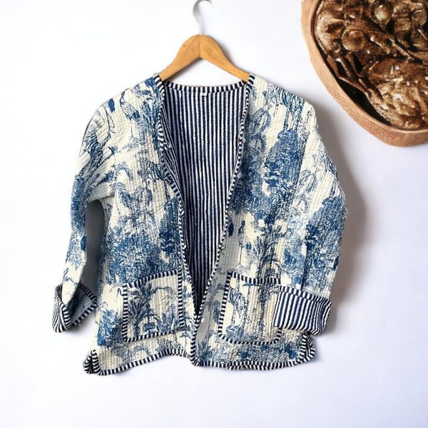 Blue And White Quilted Jacket Women Wear Stripe piping Handmade Vintage Quilted Jacket , Coats , New Style, Boho double side wear