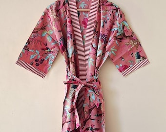 100% Cotton Bird Print Kimono Robe – Boho Beach Cover-Up, Long Dressing Gown