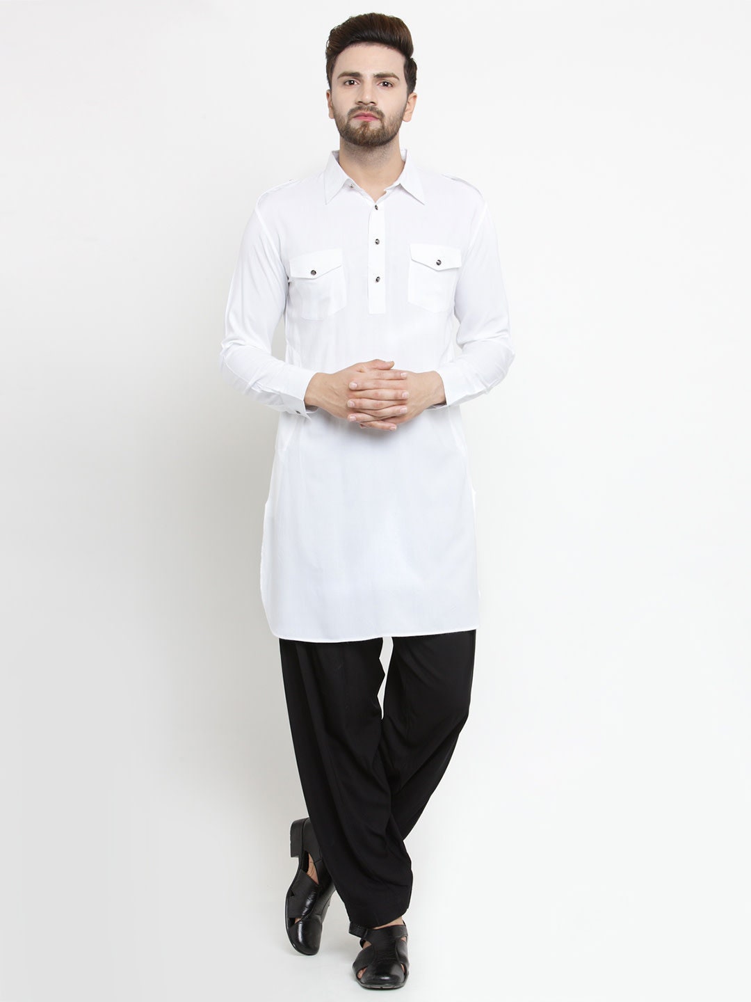 Beautiful Cotton Fabric Navratri Special Kurta Pyjama For Men In White Color