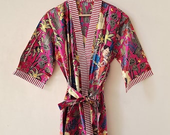 Frida Kahlo Print Cotton Kimono Robe - Pink Color Beach Cover-Up, Long Dressing Gown Kimono