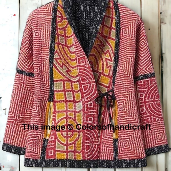 Indian Vintage Kantha Quilt Hand Crafted Cotton Long Boho, Hippie, lightweight Women Long Coat Ladies Winter Jacket