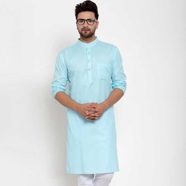 Indian Men's Sky Blue Color Kurta Men Dress Shirt Wear Traditional Cotton Solid Kurta long Tunic, Men Party Wear Kurta, Gift For Brother