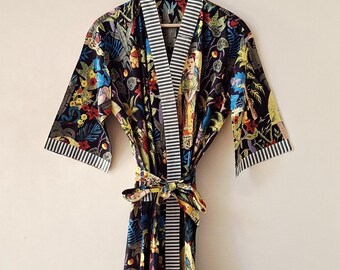 Frida Kahlo Print Cotton Kimono Robe - Black Color Beach Cover-Up, Long Dressing Gown Kimono