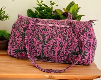 Pink Handmade Cotton Block Print Duffle Bag,Shopping Bag,Travel Bag,Gym or Yoga Bag,Quilted Bag Everyday use OR Gift For Someone Special