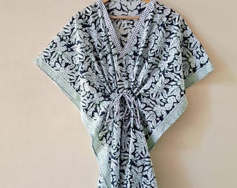 Hand Block Print Cotton Kaftan Robe: Floral Festival Clothing