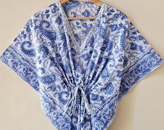 Floral Block Print Cotton Short Kaftan, Blue Color Beach Cover Up, Plus Size