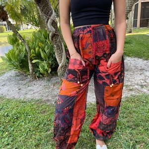 Patchwork Harem Pants with Pockets, Hippie Boho Rayon Harem Pants, Women’s Summer Pants, Festival Clothing Unisex Harem Pants With Pocket