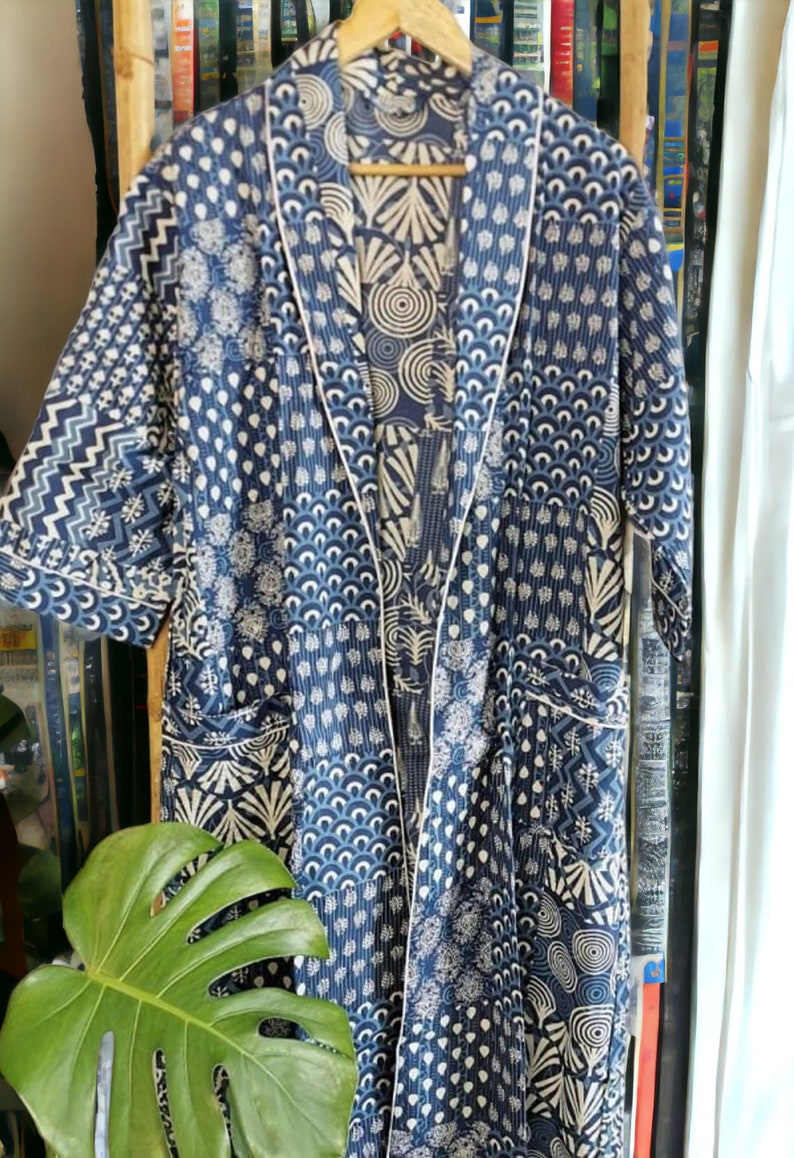Handgefertigter Baumwoll-Kimono-Bademantel, Damen Kimono-Robe, Damen Hausmantel, Vintage-Stil, Pfau-Design, Geschenke für sie, einzigartiges Geschenk Bild 3
