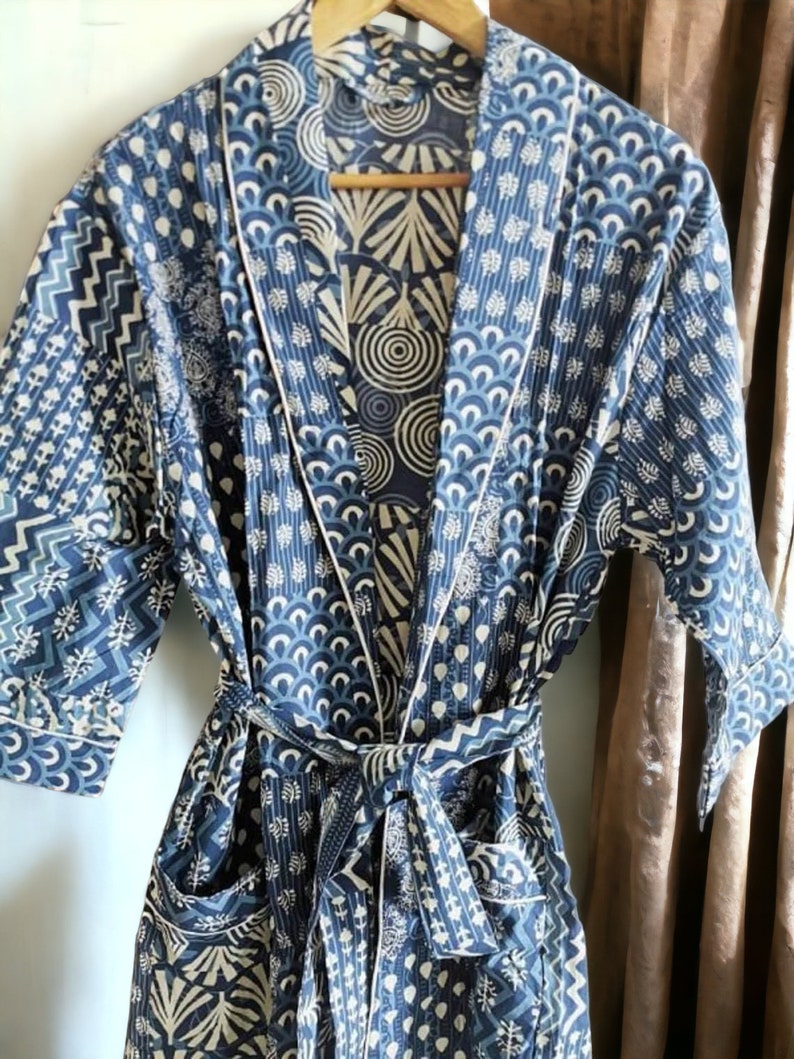 Handgefertigter Baumwoll-Kimono-Bademantel, Damen Kimono-Robe, Damen Hausmantel, Vintage-Stil, Pfau-Design, Geschenke für sie, einzigartiges Geschenk Bild 2