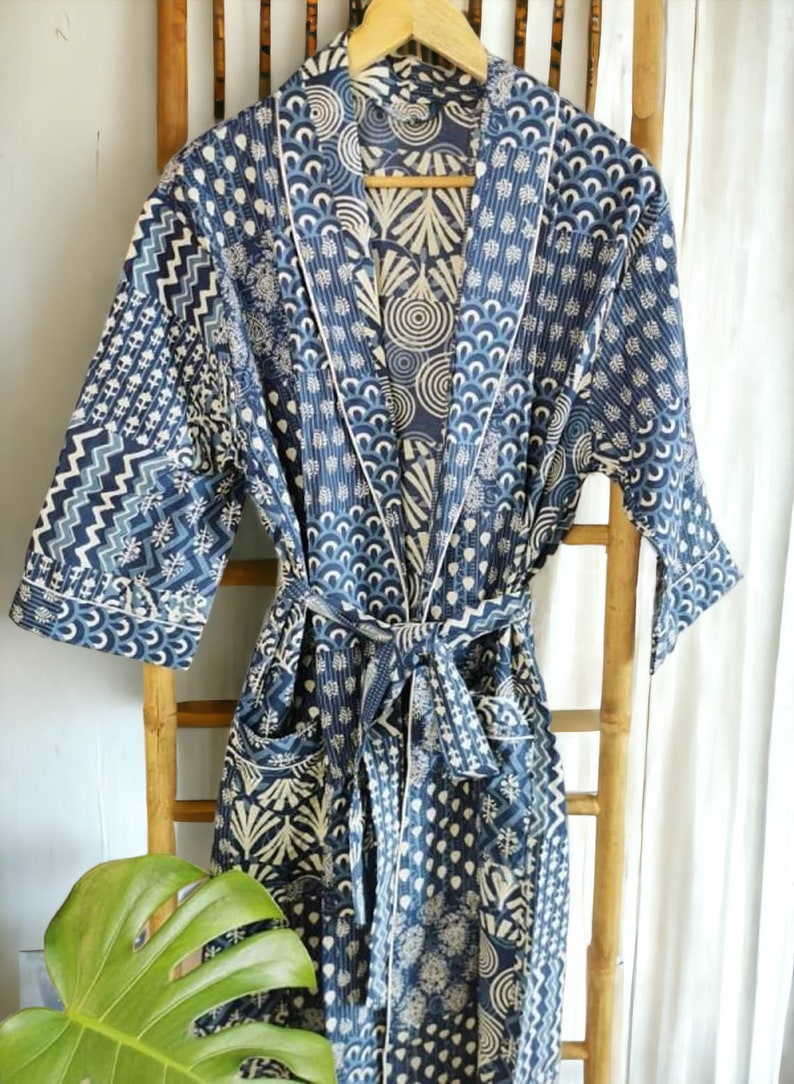 Handgefertigter Baumwoll-Kimono-Bademantel, Damen Kimono-Robe, Damen Hausmantel, Vintage-Stil, Pfau-Design, Geschenke für sie, einzigartiges Geschenk Bild 1