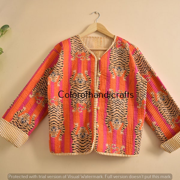 Cotton Quilted Jacket Women Wear New Handmade Indian Tiger Quilted And Reversable Jackets, Boho Jackets, Vintage Style Coat And Jacket