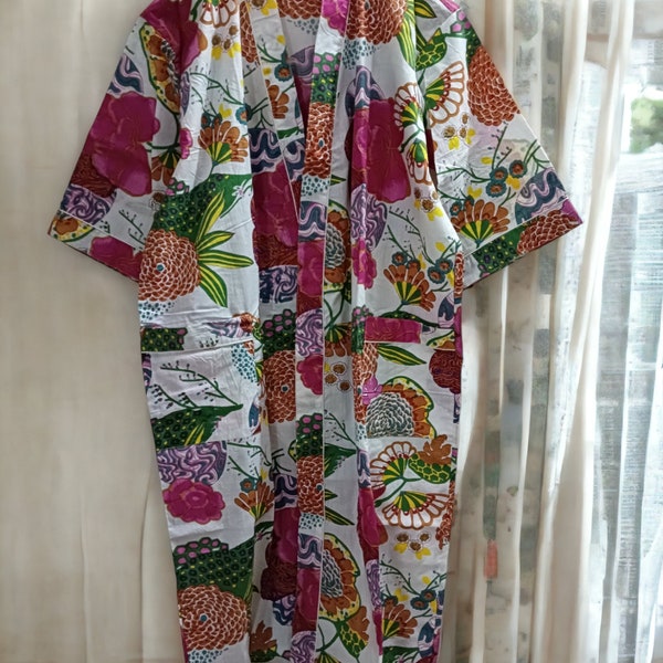 Kimono indien, robe en coton, robe de chambre, kimono croisé, robe portefeuille, couverture de bikini, kimono imprimé bloc, Rob pour elle, kimono multicolore