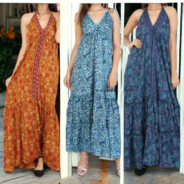 5 Pcs Of Halter Neck Dress, Indian Vintage Sari Recycling Silk Bohemian Boho Chic Festival Ethnic Hippie Summer One Size Feminine Dress