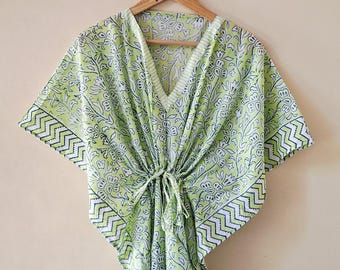 Floral Cotton Kaftan Dress, Indian Block Print, Plus Size Beach Cover-Up