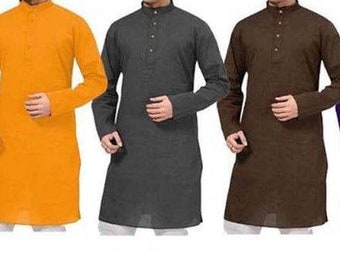Indian Mens Cotton Solid Color Kurta/ Men Dress /Shirt Wear Traditional Poly Cotton Plain Fabric long tunics, Men Party Wear Kurta,Gift Item