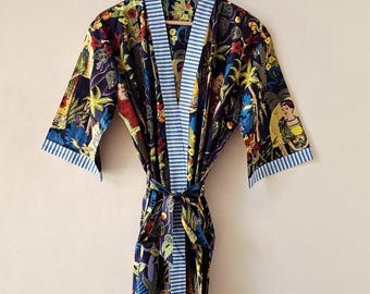 Frida Kahlo Print Cotton Kimono Robe - Blue Color Beach Cover-Up, Long Maternity Gown, Kimono Dress