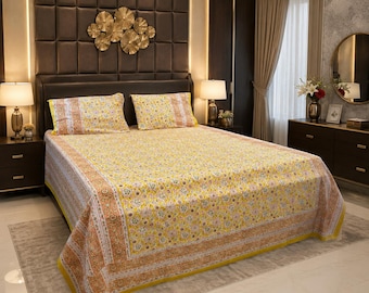 Pure Hand Block Printed Rapid Sole Jaipuri Border Printed Double Bedsheet With 2 Zipper Pillow Covers