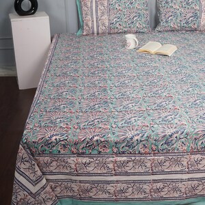 Hand Block Printed King Size Bedsheet, Floral Paisley Bedspread, 90x108 Inch, 2 Pillow Covers