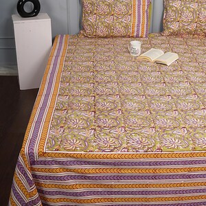 Hand Block Cotton King Size Bedsheet, 90x108 Inch Floral Bedspread, Indian Print Bedding with Pillow Covers, Purple Green Mustard