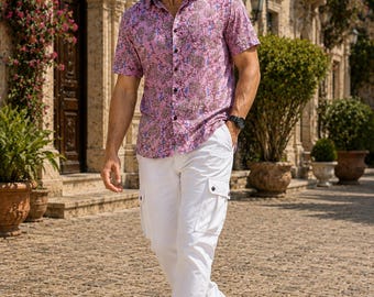 Men's Jaipuri Block Print Cotton Shirt, Indian Ethnic Half Sleeve Shirt, Casual Button Up Shirt, Festival Wear for Him, Size- M to 2XL