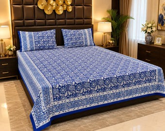 Pure Hand Block Jaipuri Printed Cotton Double Bedsheet with Zipper Pillow Covers