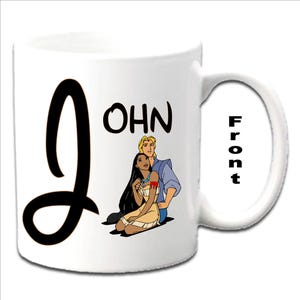 Personalised Initial With POCAHONTAS & JOHN SMITH Characters Printed White Mugs
