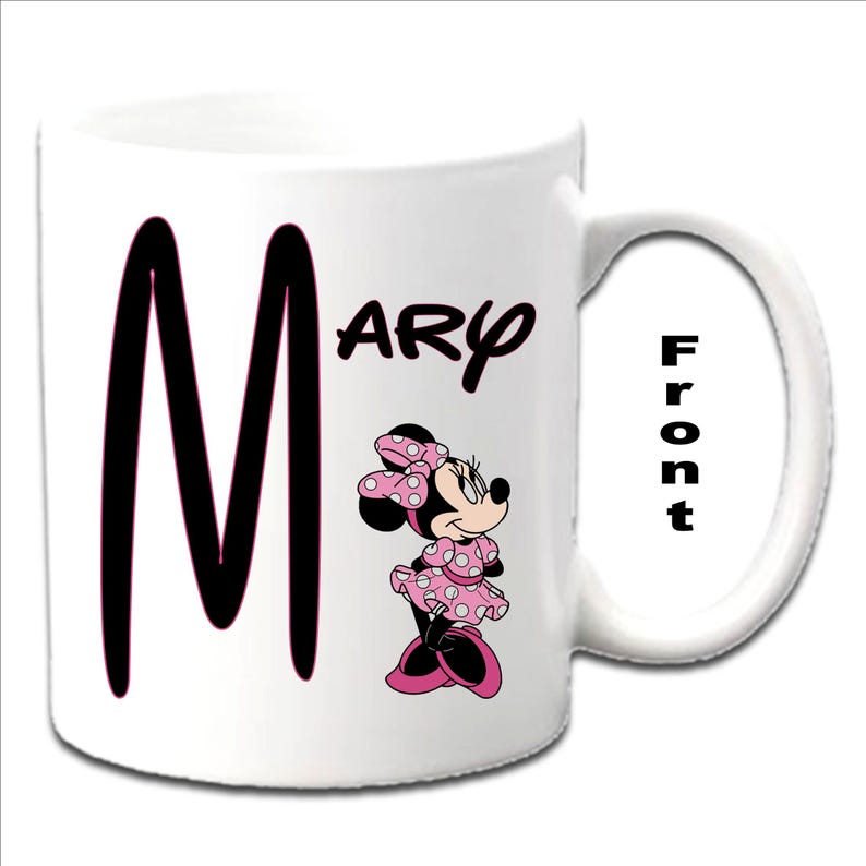 Tazas blancas personalizadas con inicial impresa de MINNIE MOUSE 2