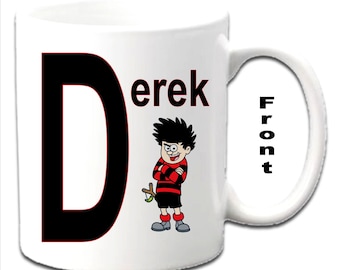 Personalisierte Initiale mit DENNIS THE MENACE Charakter gedruckte weiße Tassen