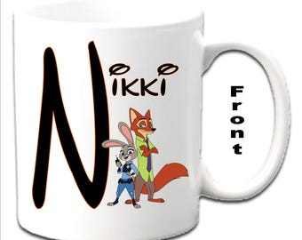 Personalised Initial With NICK & JUDY ~ Zootopia Character Printed White Mugs