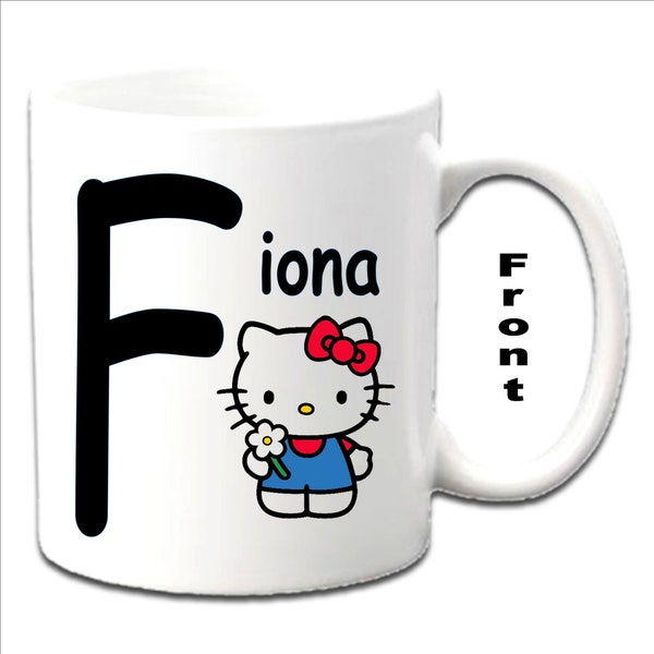 Personalised Initial With HELLO KITTY Character Printed White Mugs