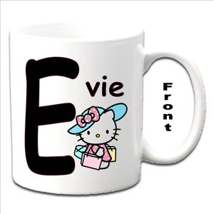 Personalised Initial With HELLO KITTY SHOPPING Character Printed White Mugs