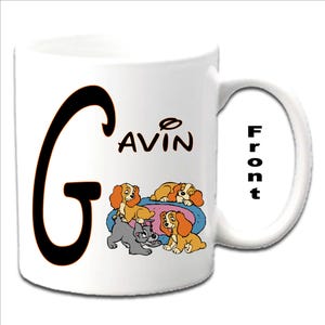 Personalised Initial With PUPPIES ~ Lady & The Tramp Characters Printed White Mugs