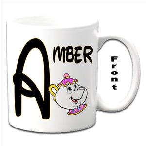 Personalised Initial With MRS POTTS ~ Beauty and the Beast Character Printed White Mugs