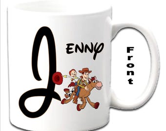 Personalised Initial With JESSIE & WOODY ~ Toy Story Character Printed White Mugs