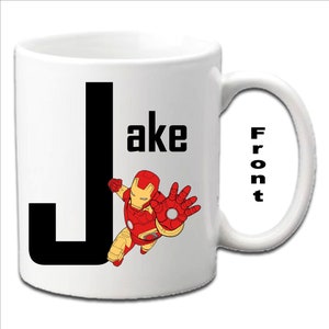Personalised Initial With IRON MAN Character Printed White Mugs